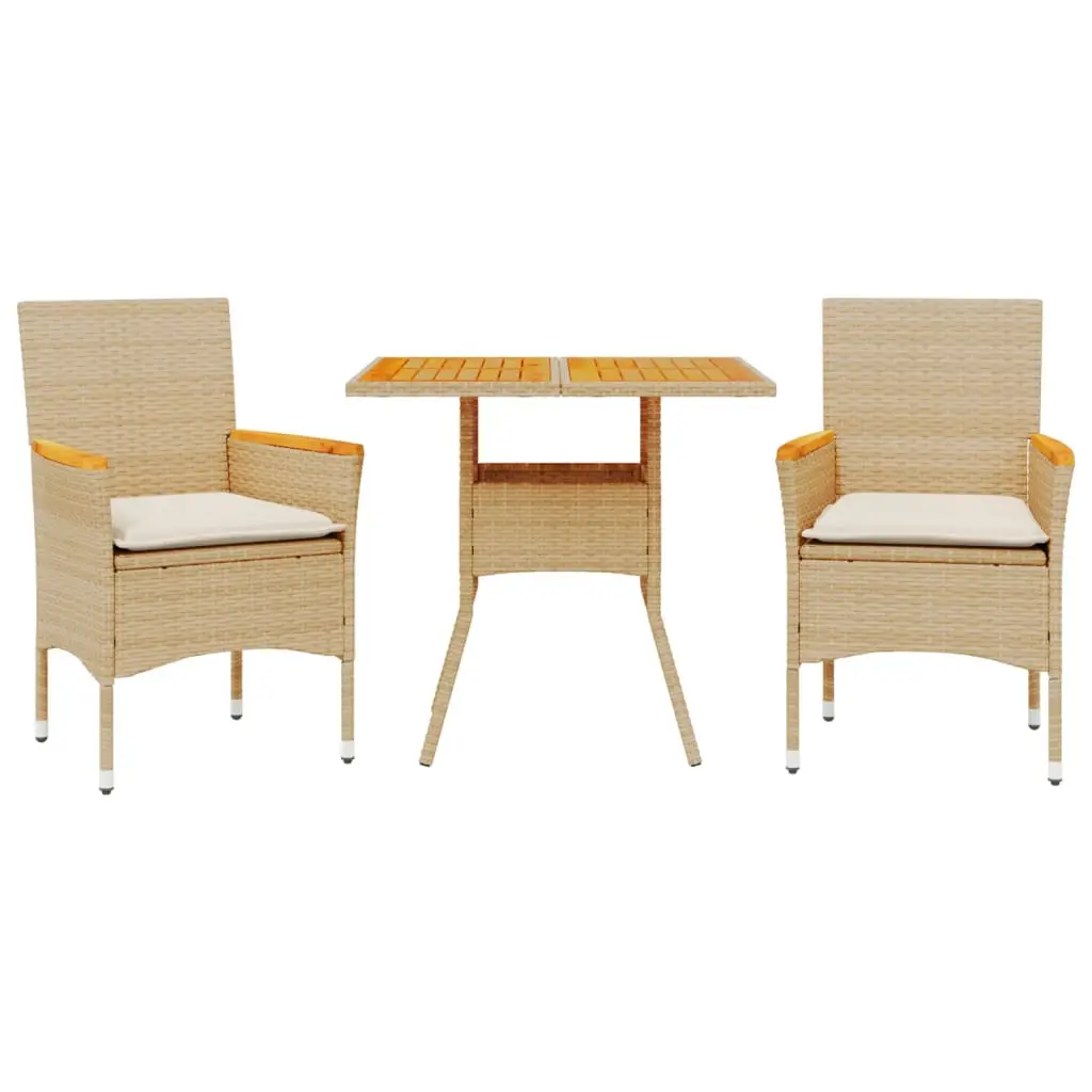 Ensemble de 3 pcs table de jardin et chaises avec coussins – mobilier de jardin beige rotin acacia-JU2649