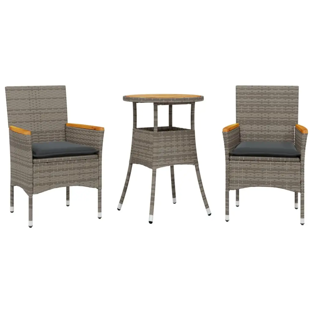 Ensemble de 3 pcs table de jardin et chaises avec coussins – mobilier de jardin gris rotin acacia-JU2561