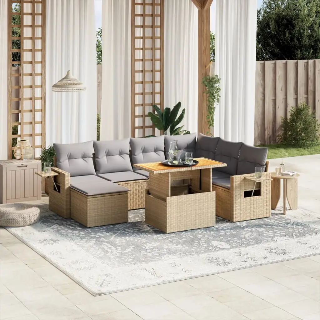 Ensemble de Jardin 8 pcs Résine Tressée Beige avec Coussins Gris Confortables – ComfortXL Outdoor Living