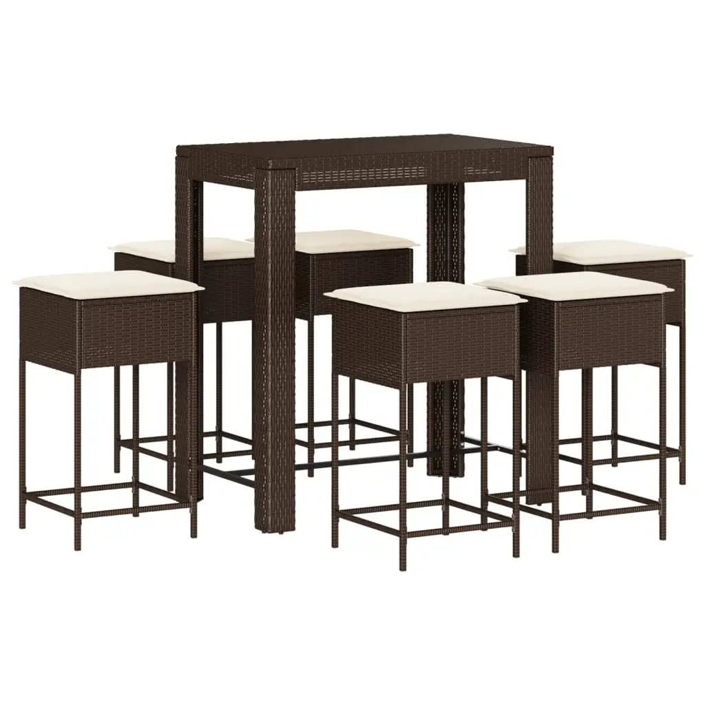 Ensemble de 7 pcs bar de jardin – Mobilier d’extérieur avec coussins marron poly rotin