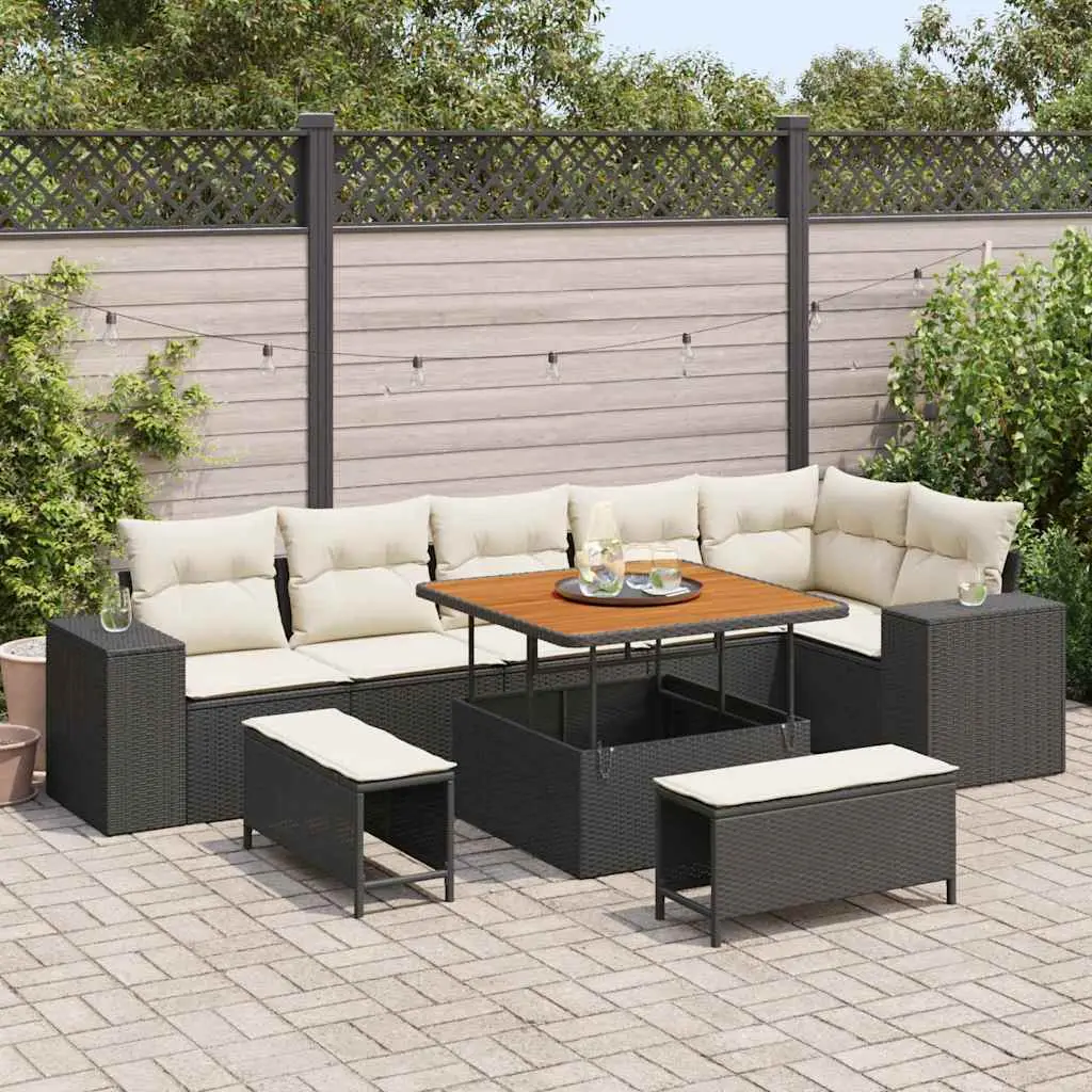 Ensemble canapé de jardin 8 places en résine tressée et bois pour terrasse Noir – ComfortXL Outdoor Living