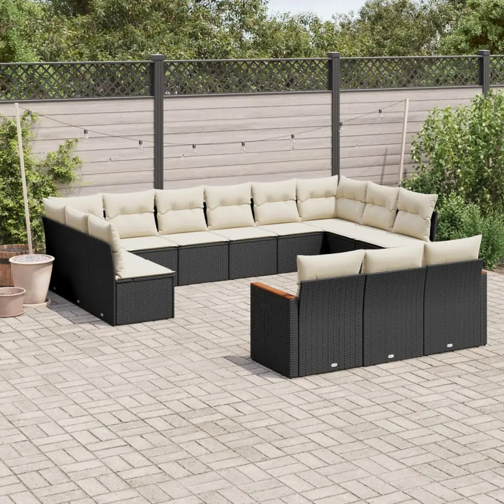 Ensemble canapés de jardin 13 pcs poly rotin avec rangement dissimulé pour extérieur Noir et Blanc Crème – ComfortXL Outdoor Living
