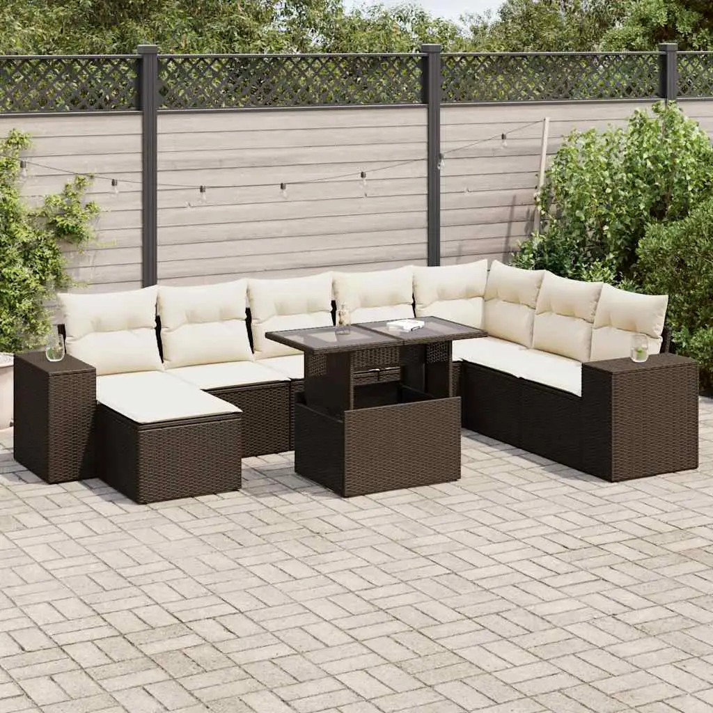 Ensemble de jardin 9 places en résine tressée marron avec table relevable et rangement – ComfortXL Outdoor Living