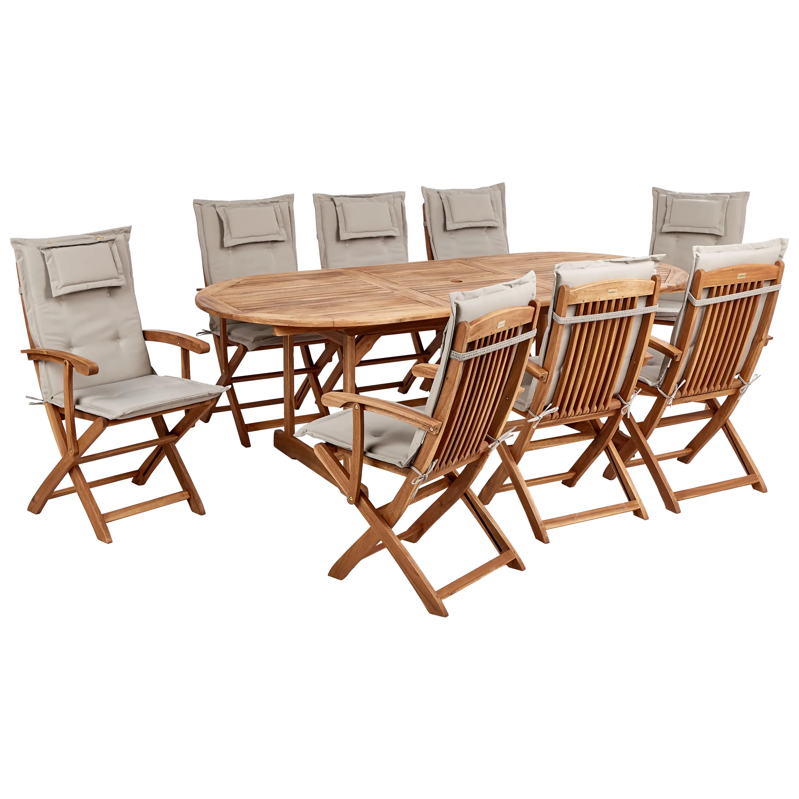 Ensemble de Jardin en Bois d’Acacia avec Coussins Taupe Table et Chaises Pliantes 8 Places Style Rustique