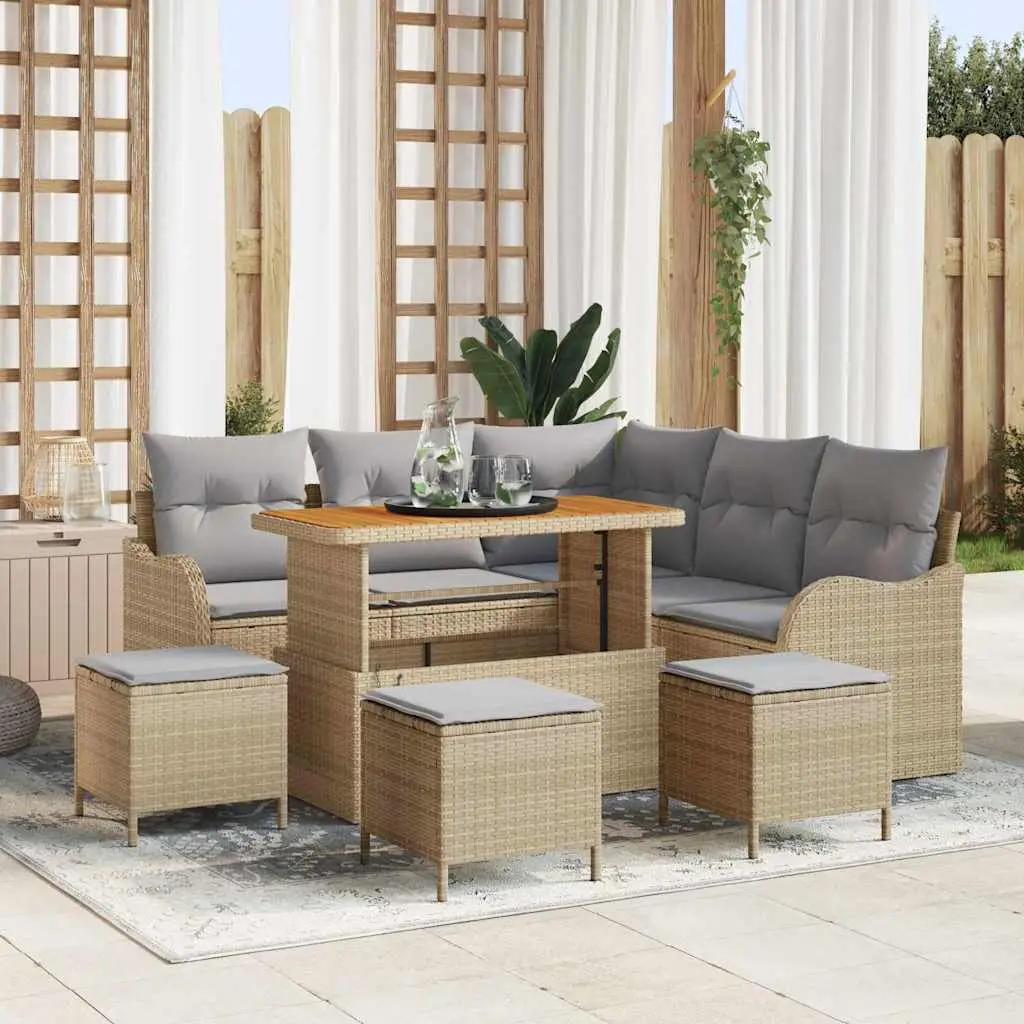 Ensemble canapé de jardin 8 places en résine tressée et bois avec table et poufs pour jardin Beige – ComfortXL Outdoor Living