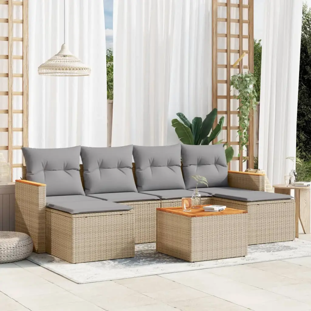 Ensemble de jardin 6 places résine tressée avec 2 tabourets et table en bois Beige – ComfortXL Outdoor Living