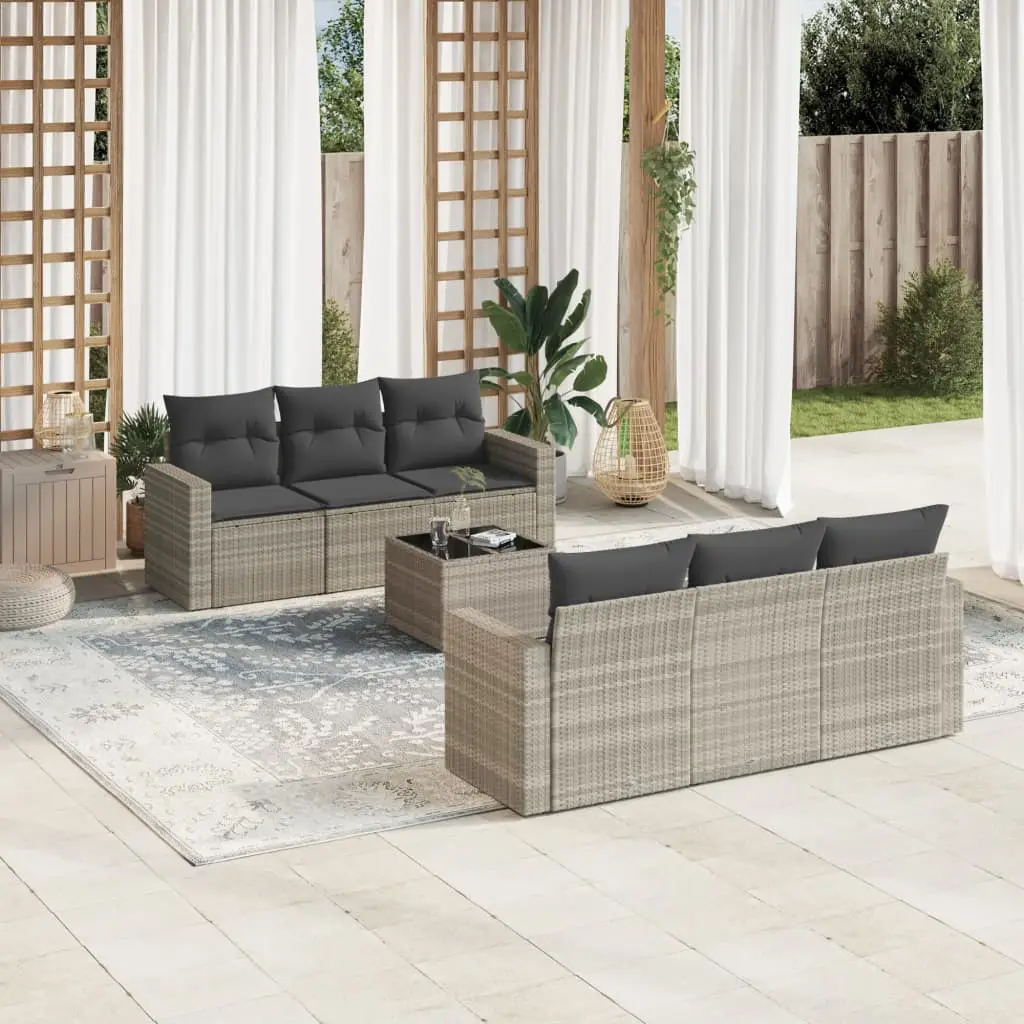 Ensemble de jardin 7 pièces en polyrotin modulable table en verre pour extérieur Gris Clair – ComfortXL Outdoor Living