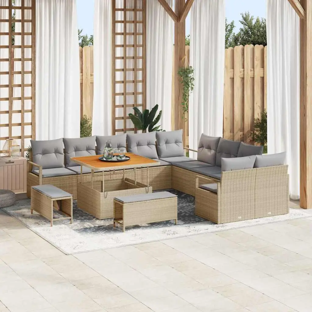 Ensemble d’extérieur 12 places polyrotin et bois avec repose-pieds Beige – ComfortXL Outdoor Living