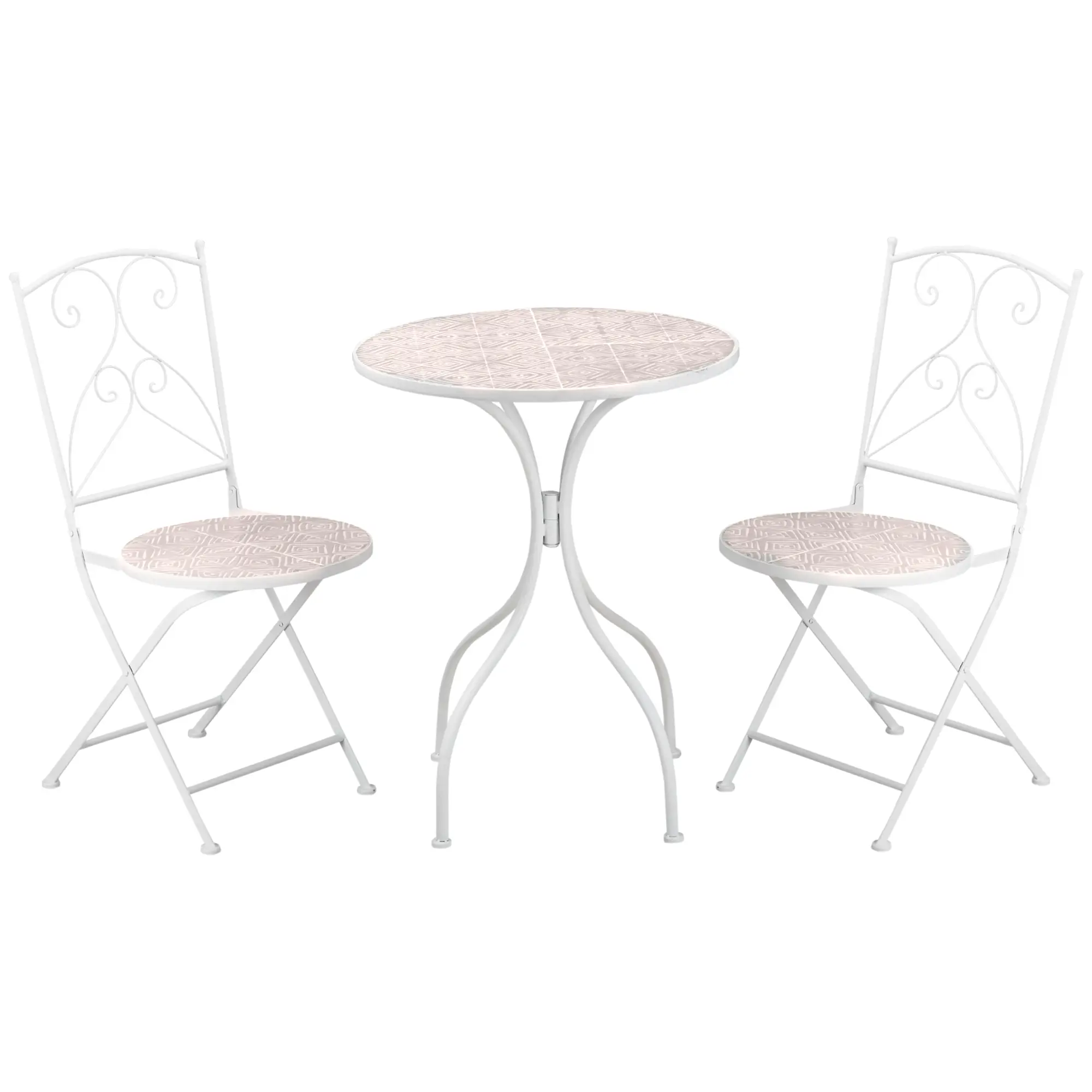 Ensemble de jardin bistro 3 pièces 2 chaises pliantes et table ronde – métal époxy, plateau mosaïque – blanc – Outsunny