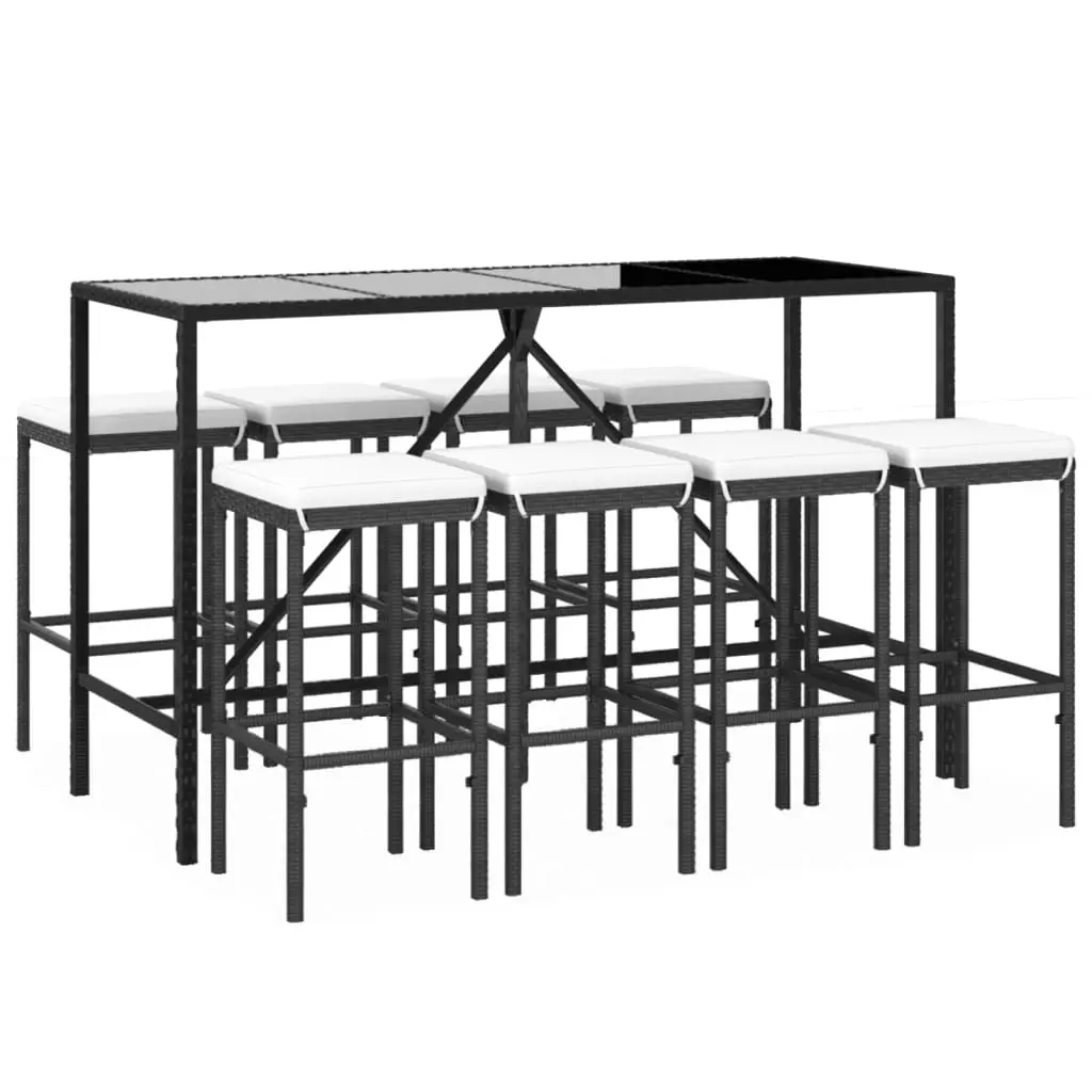 Ensemble de bar de jardin 9 pièces avec coussins noir poly rotin