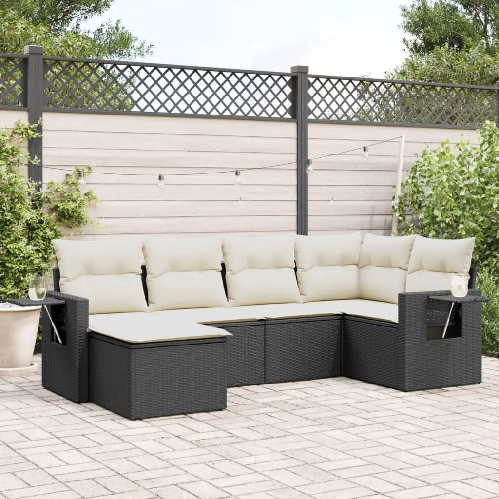 Ensemble canapés de jardin 6 places résine tressée modulable avec repose-pied pour balcon Noir et Blanc Crème – ComfortXL Outdoor Living