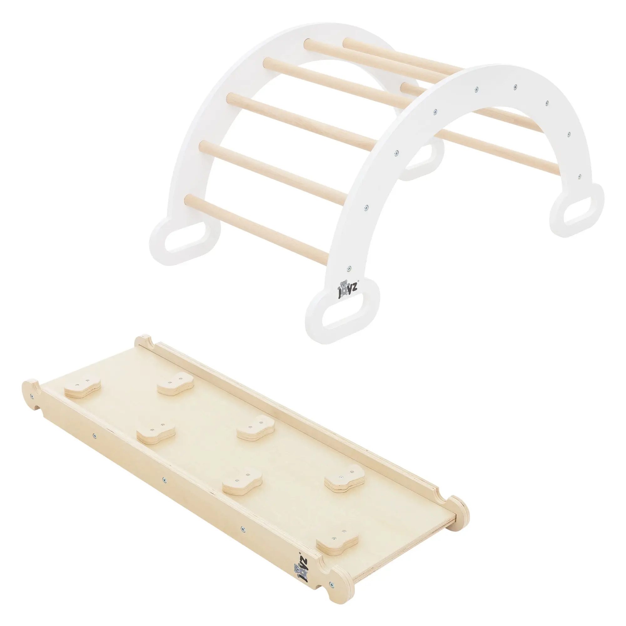 Ensemble d’escalade enfants blanc-naturel en bois avec arc à grimper et planche de glisse à partir de 2 ans développe la motricité l’équilibre