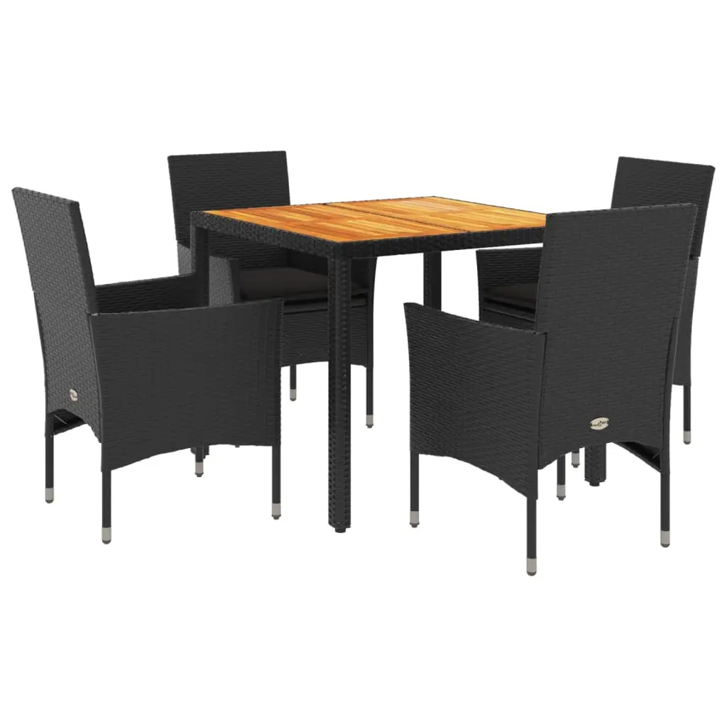 Ensemble de 5 pcs table de jardin et chaises avec coussins – mobilier de jardin noir rotin acacia-JU2688