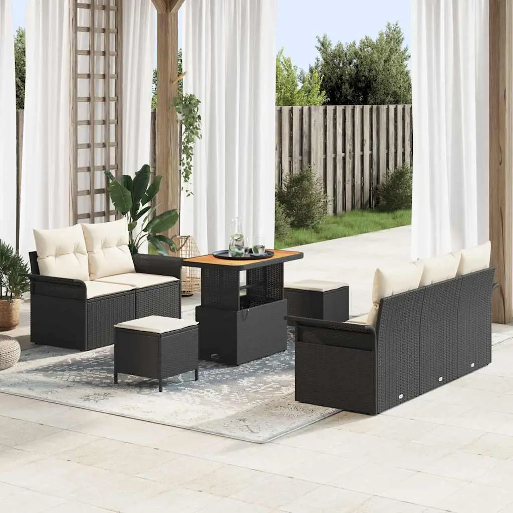 Ensemble de jardin 7 places en polyrotin et bois avec table basse Noir – ComfortXL Outdoor Living