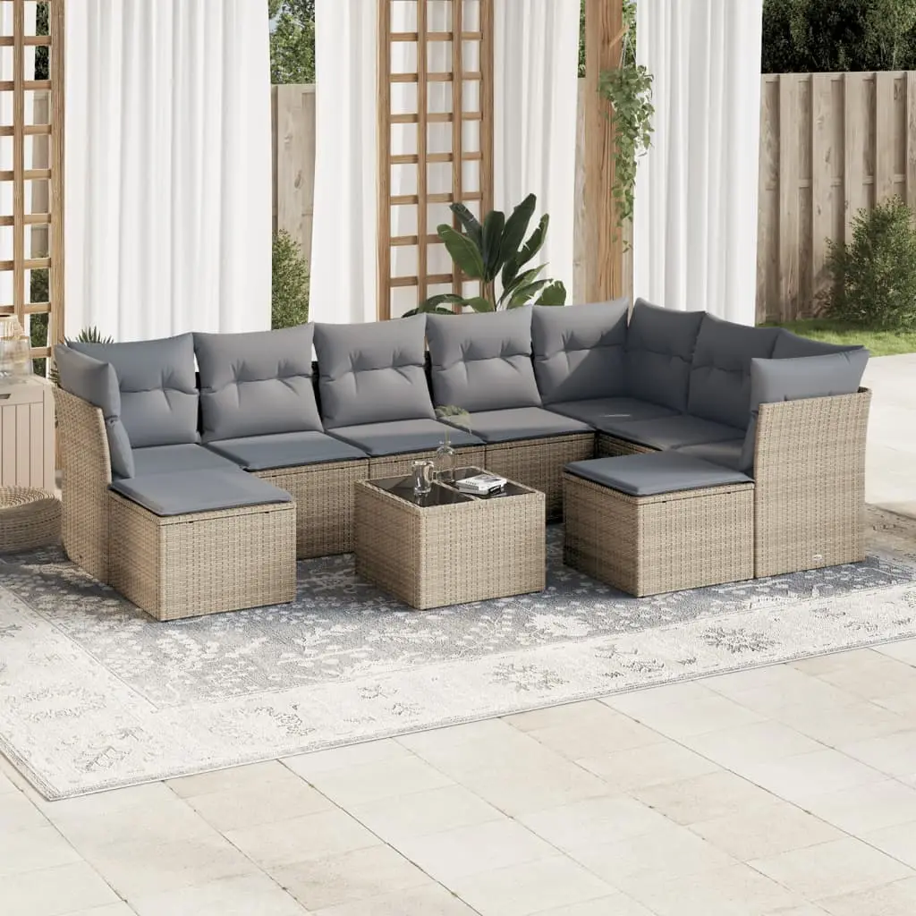 Ensemble Canapé de Jardin Poly Rotin Modulable 10 Éléments pour Extérieur Beige Coussins Gris Clair – ComfortXL Outdoor Living