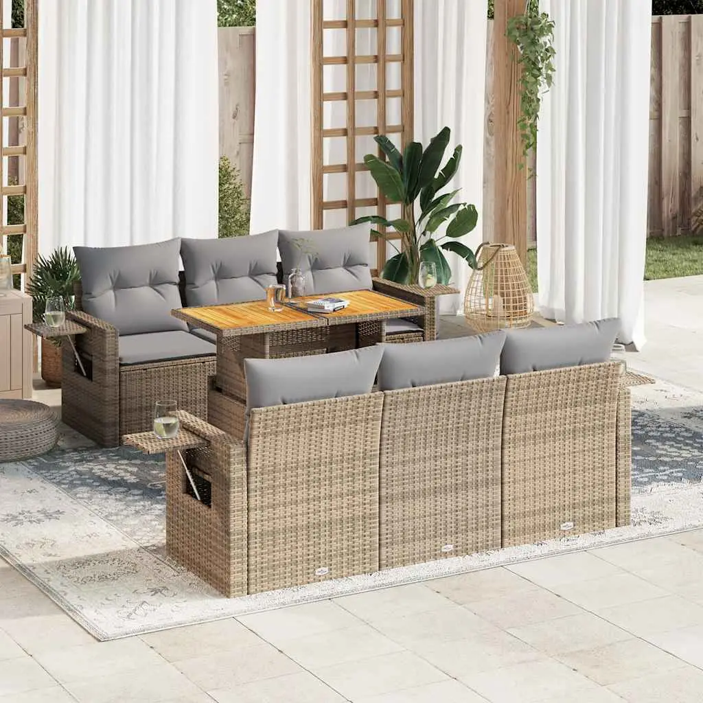 Ensemble de jardin 7 pcs beige résine tressée avec table bois transformable et rangement – ComfortXL Outdoor Living
