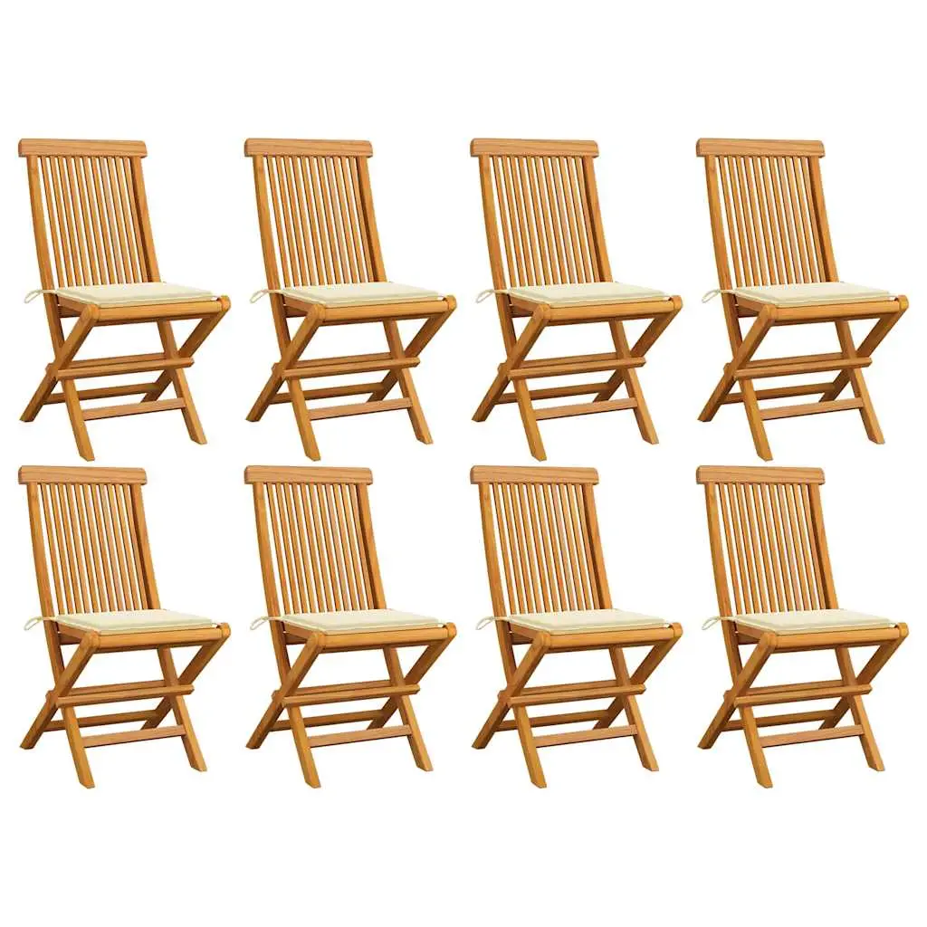 Ensemble de 8 chaises d’extérieur en Teck pliables avec coussins pour repas en plein air Crème – ComfortXL Outdoor Living