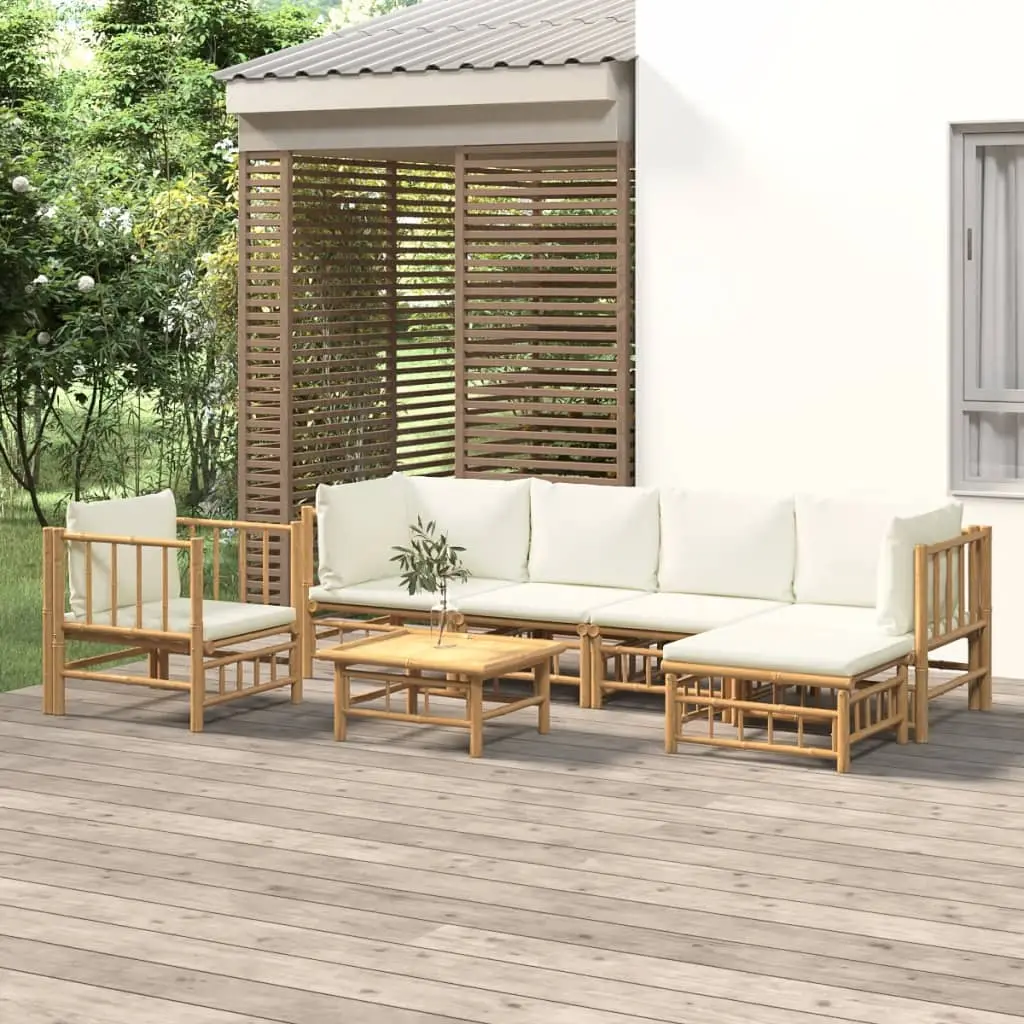 Ensemble de Jardin en Bambou 7 Éléments avec Fauteuil et Repose-Pied, Coussins Crème Déhoussables – ComfortXL Outdoor Living