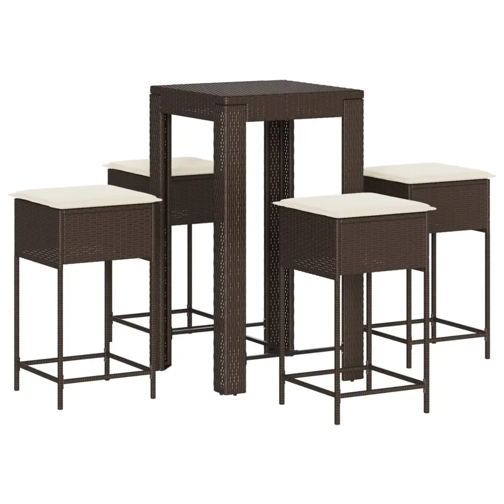 Ensemble de 5 pcs bar de jardin – Mobilier d’extérieur avec coussins marron poly rotin-JU2182