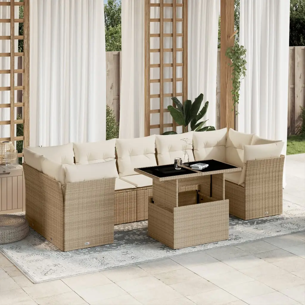Ensemble de jardin 8 pièces résine tressée avec table relevable et canapé d’angle Beige – ComfortXL Outdoor Living