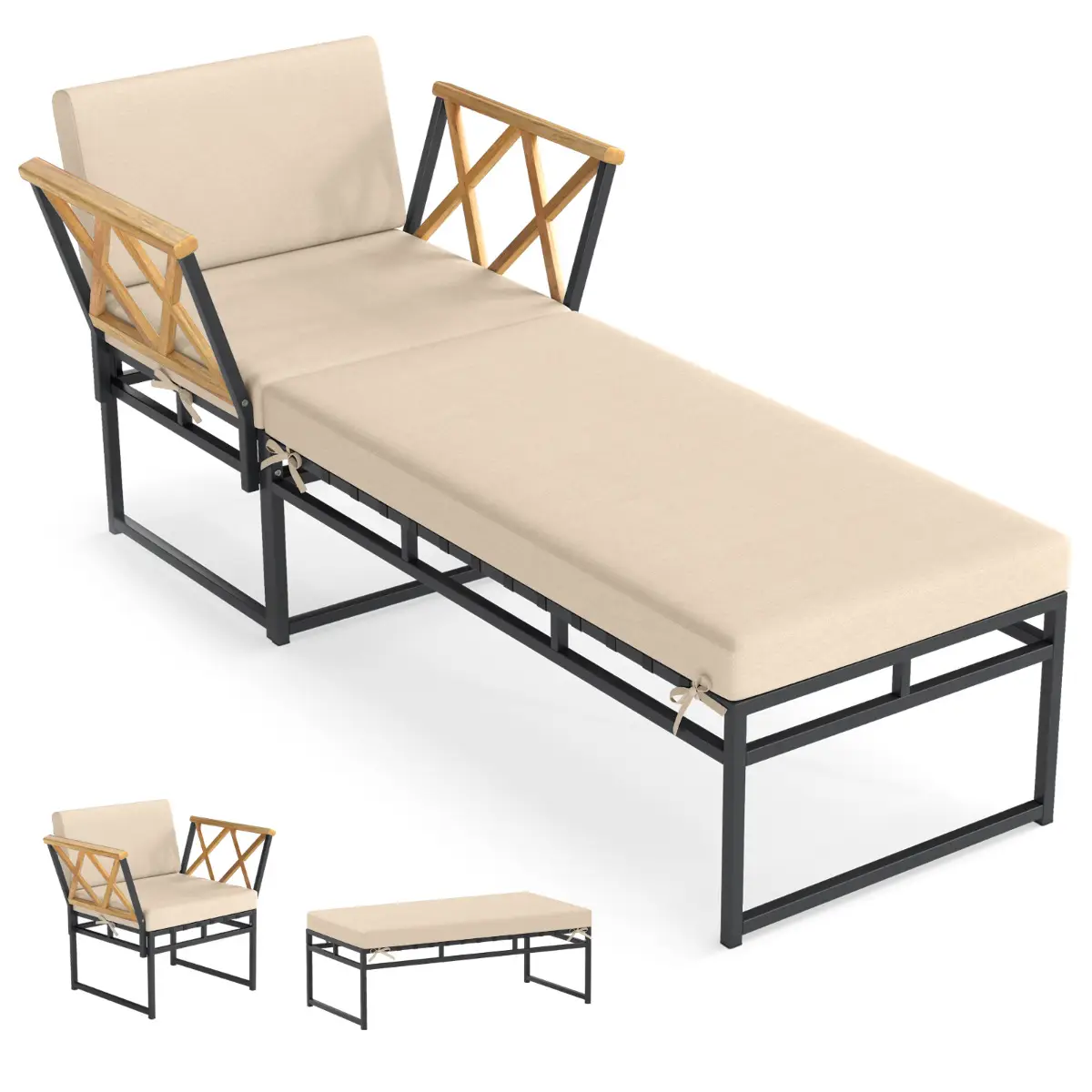Ensemble de Mobilier de Jardin 2 Pièces Fauteuil Inclinable en Métal avec Coussin&Accoudoirs Bois d’Acacia Marron MAISON CHIC