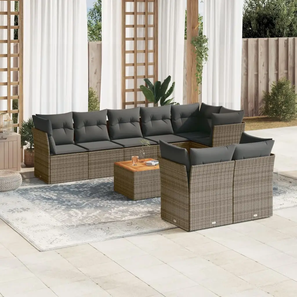 Ensemble de Jardin 9 Pièces Résine Tressée Modulable Gris avec Rangement et Table en Bois – ComfortXL Outdoor Living