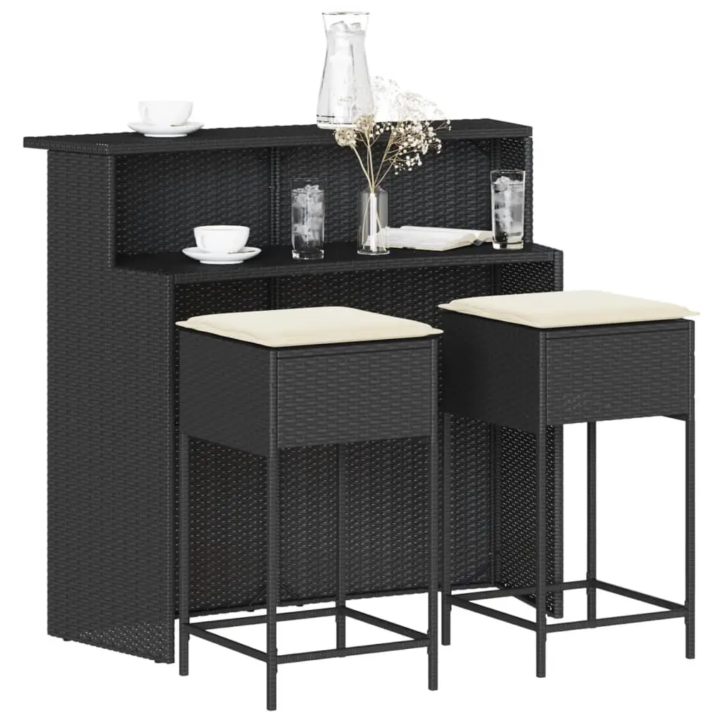 Ensemble de bar de jardin 3 pcs avec coussins noir poly rotin vidaXL 3261486