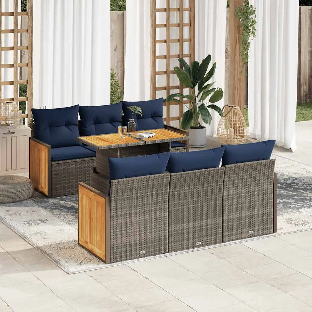 Ensemble de jardin 7 pcs gris en poly rotin et acacia avec rangement et coussins bleu marine – ComfortXL Outdoor Living