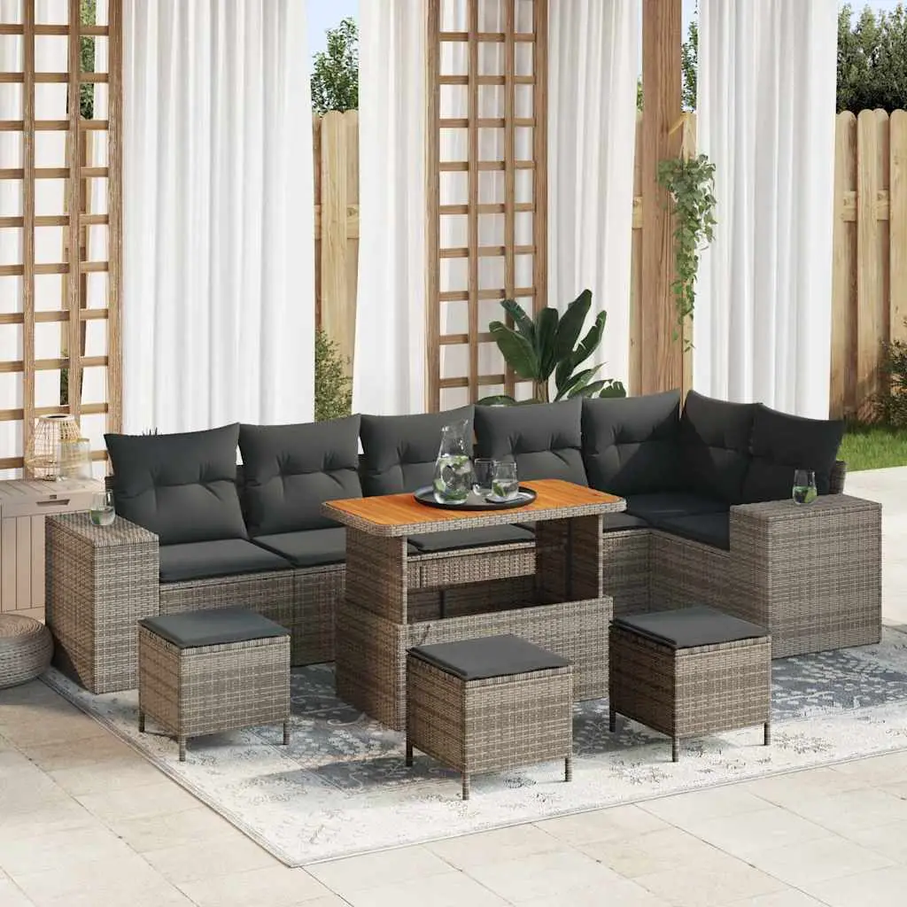 Ensemble Canapé de Jardin 9 Places Bi-Matière Bois d’Acacia et Polyrotin Gris, avec Poufs et Table Basse – ComfortXL Outdoor Living