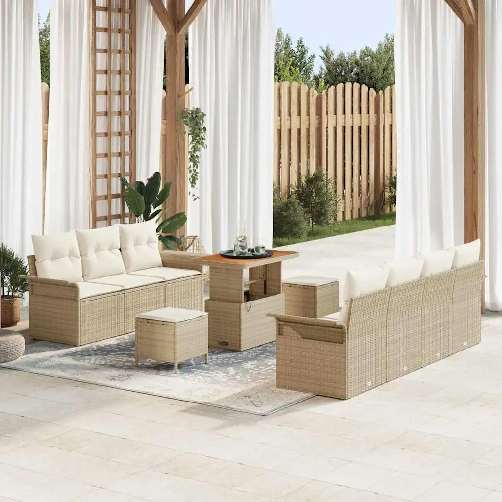 Ensemble de jardin 9 places en résine tressée et bois modulable Beige – ComfortXL Outdoor Living