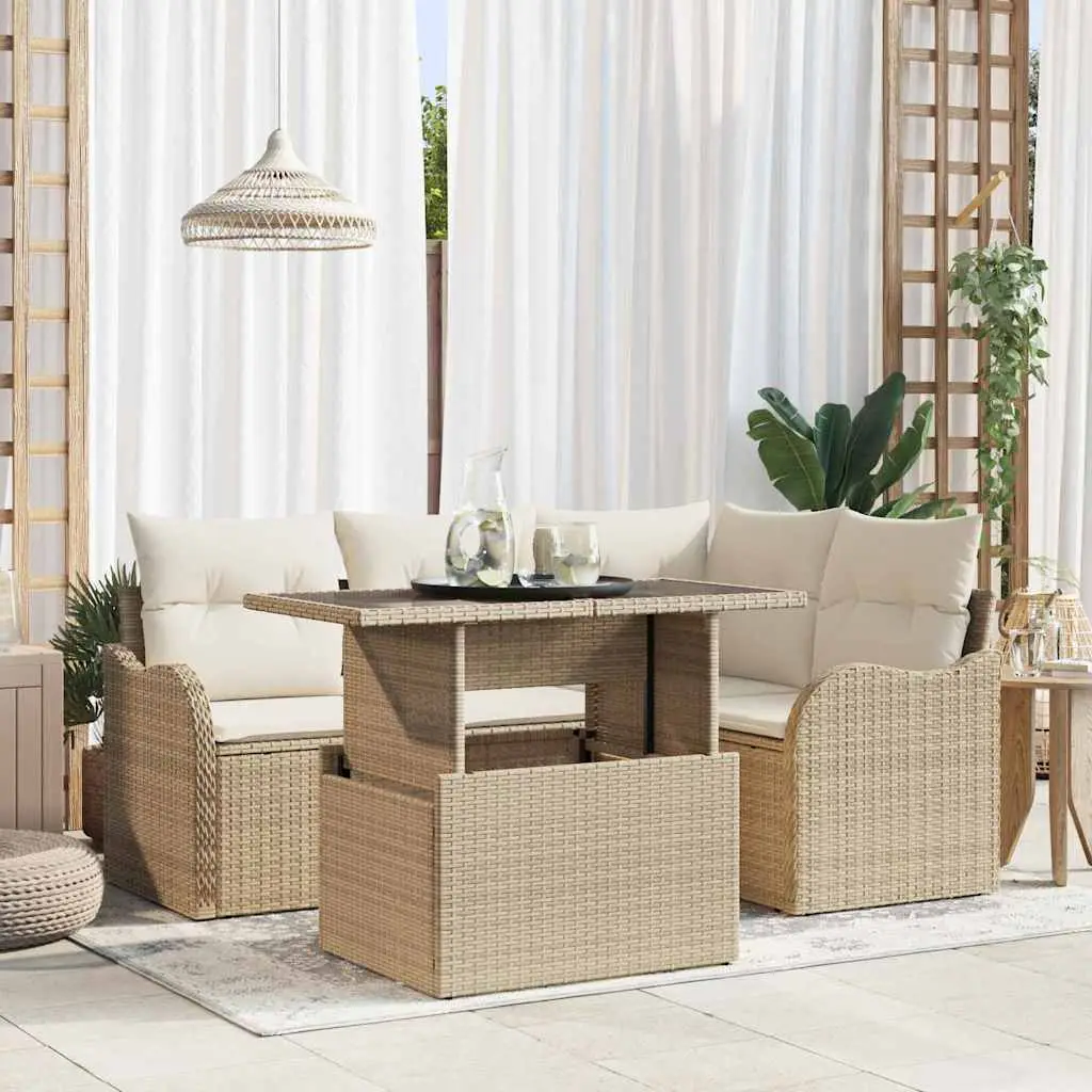 Ensemble de repas extérieur avec coussin 5 pcs Beige Poly rotin vidaXL 3348457 beige et crème