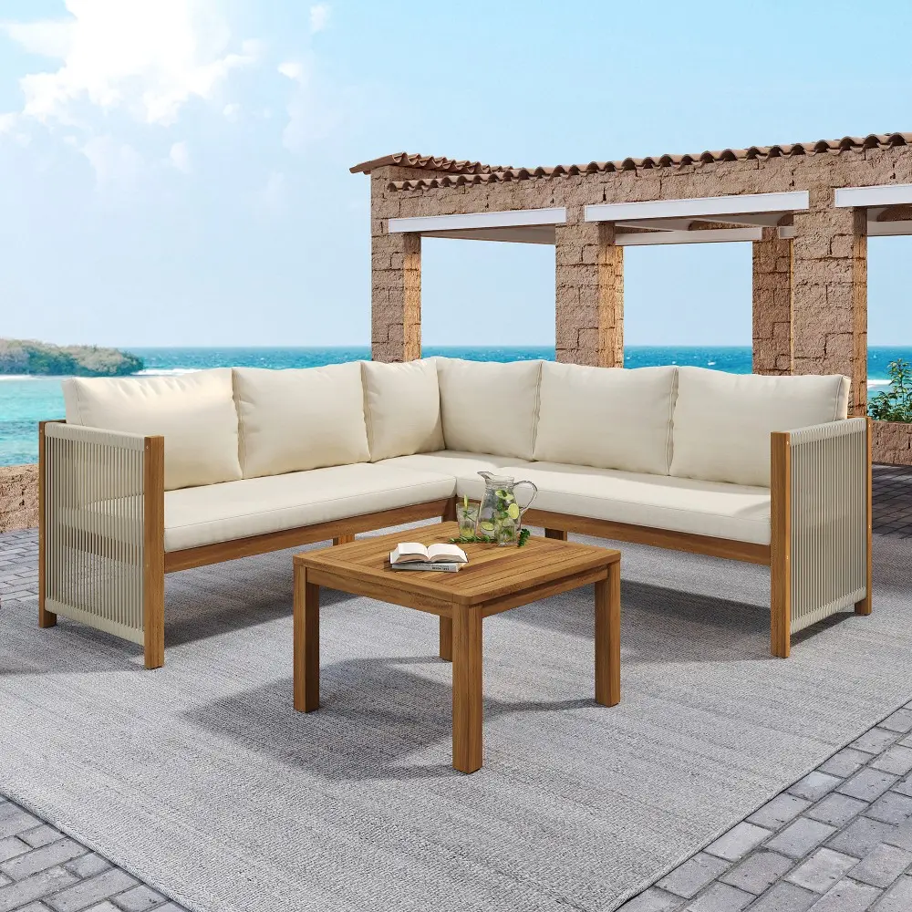 Ensemble de mobilier de jardin, canapé d’angle + table basse, structure en bois de teck, tressage en corde, couleur beige