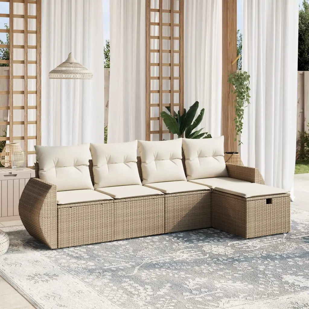 Ensemble canapés de jardin 5 pièces poly rotin avec pouf et coussins déhoussables pour terrasse Beige – ComfortXL Outdoor Living