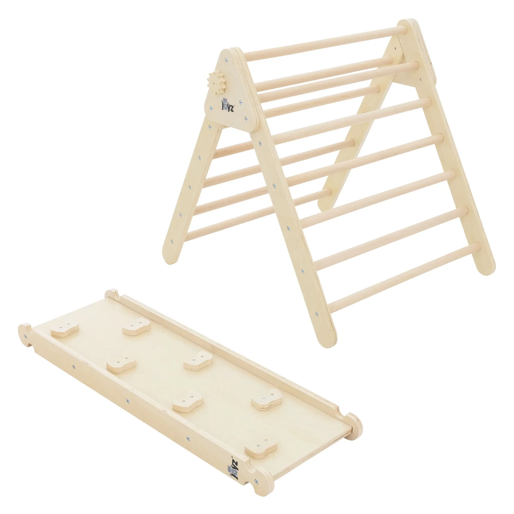 Ensemble d’escalade enfants blanc en bois avec triangle à grimper et planche de glisse convient à partir de 2 ans développe la motricité l’équilibre
