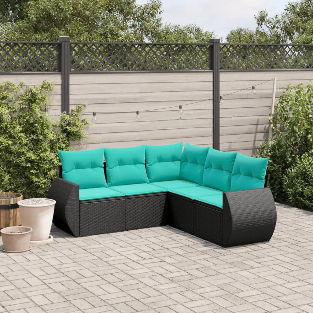 Ensemble canapés 5 places résine tressée sectionnel pour jardin et balcon Noir Coussins Bleu – ComfortXL Outdoor Living