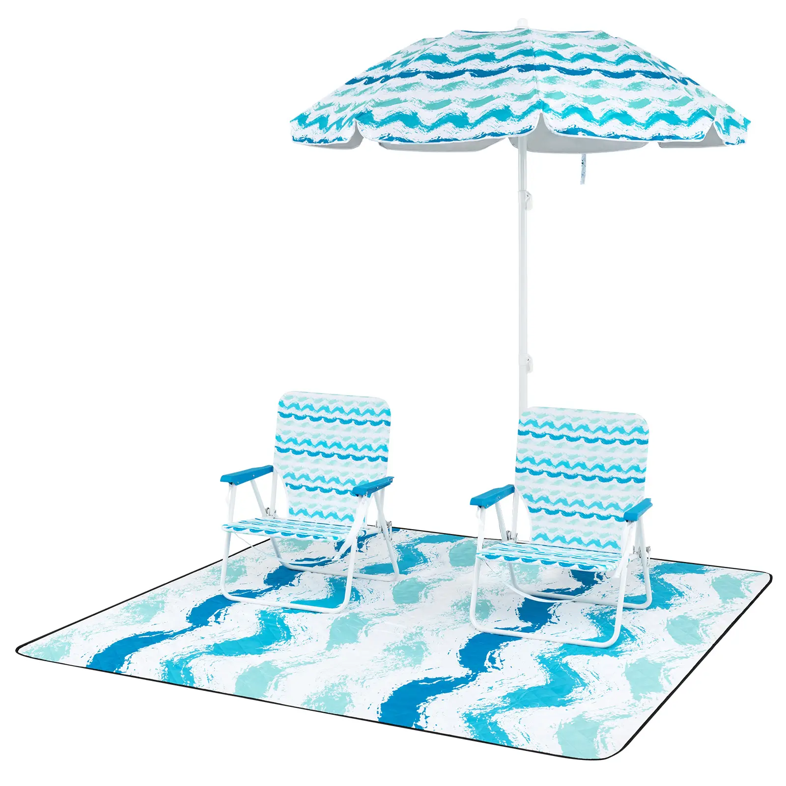 Ensemble de Plage 4 Pièces avec Parasol, 2 Chaises Pliables et Tapis de Pique-Nique, Parasol Portable avec Mécanisme d’Inclinaison, Sac de Transport