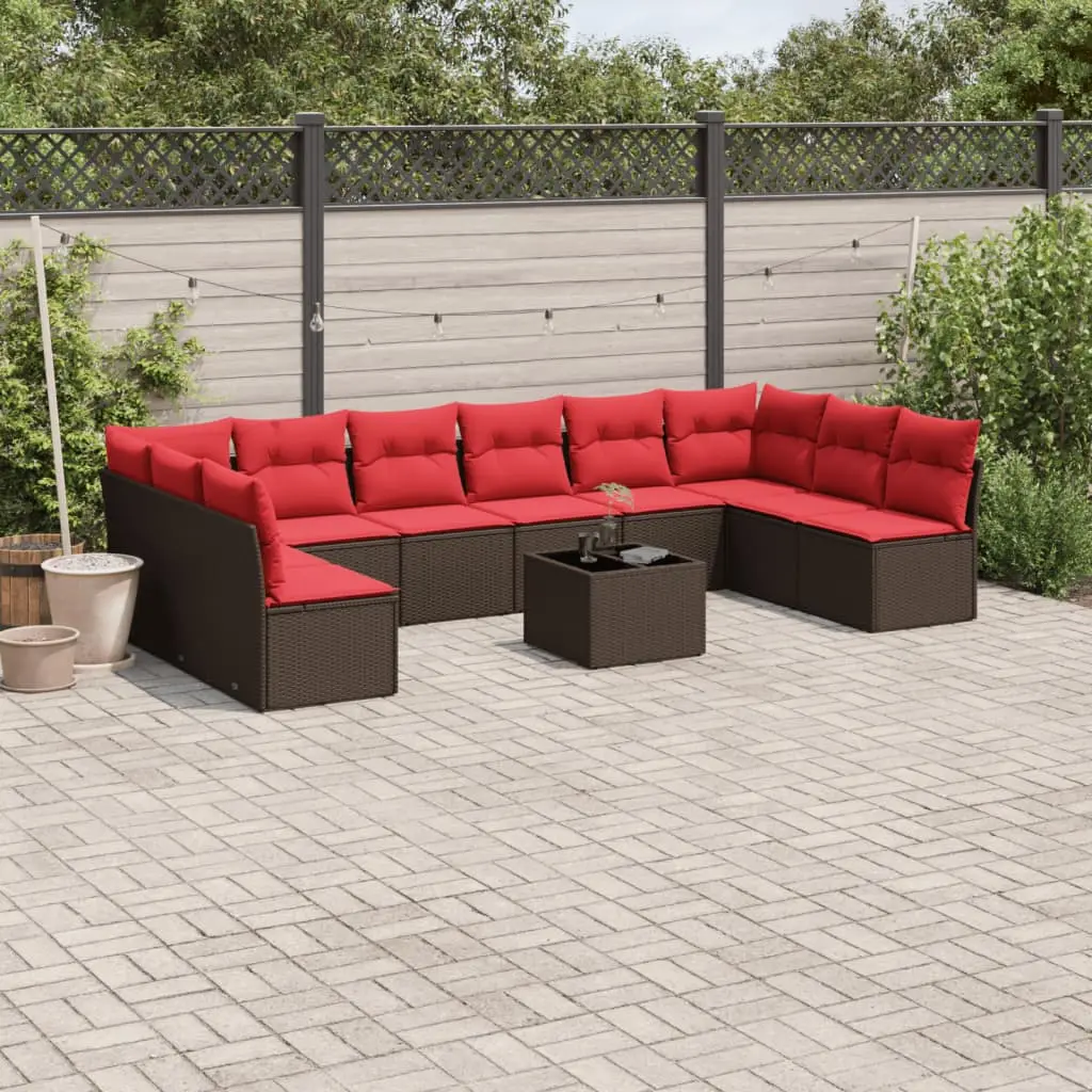 Ensemble canapés de jardin 11 pcs 10 places en poly rotin avec table pour terrasse Marron coussins rouges – ComfortXL Outdoor Living