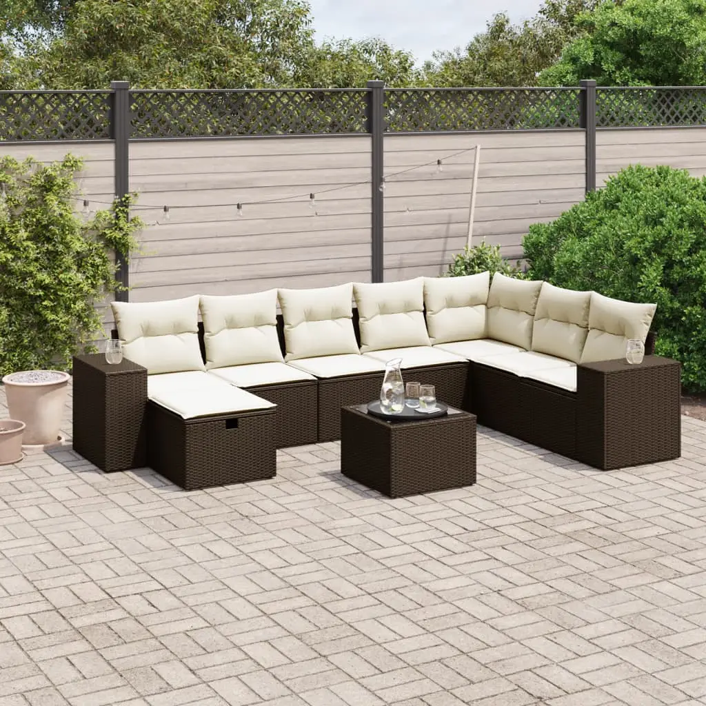 Ensemble de jardin 9 pièces en résine tressée avec table basse en verre pour terrasse et patio Marron – ComfortXL Outdoor Living