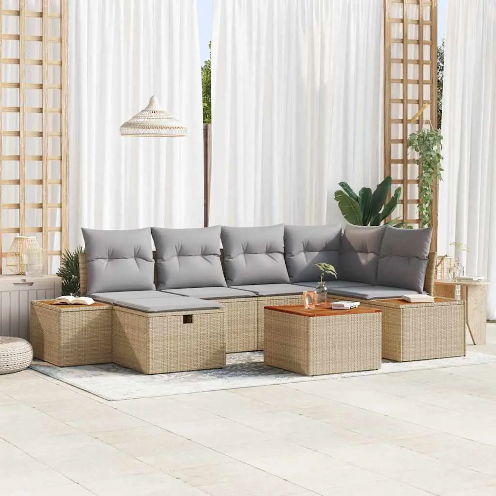 Ensemble Canapé de Terrasse 7 pcs 6 Places en Poly Rotin avec Coussins Beige – ComfortXL Outdoor Living