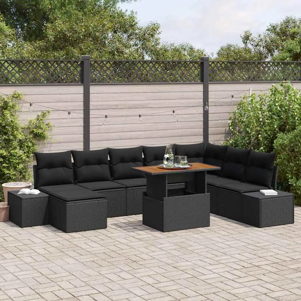 Ensemble de Jardin 9 Pièces Rotin Synthétique Modulable avec Pouf Coffre et Table en Acacia Noir Marron – ComfortXL Outdoor Living