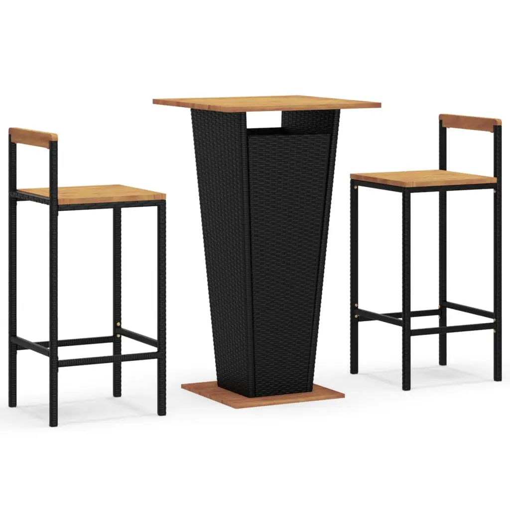 Ensemble de 3 pcs bar de jardin – Mobilier d’extérieur noir poly rotin/bois massif acacia-JU2210