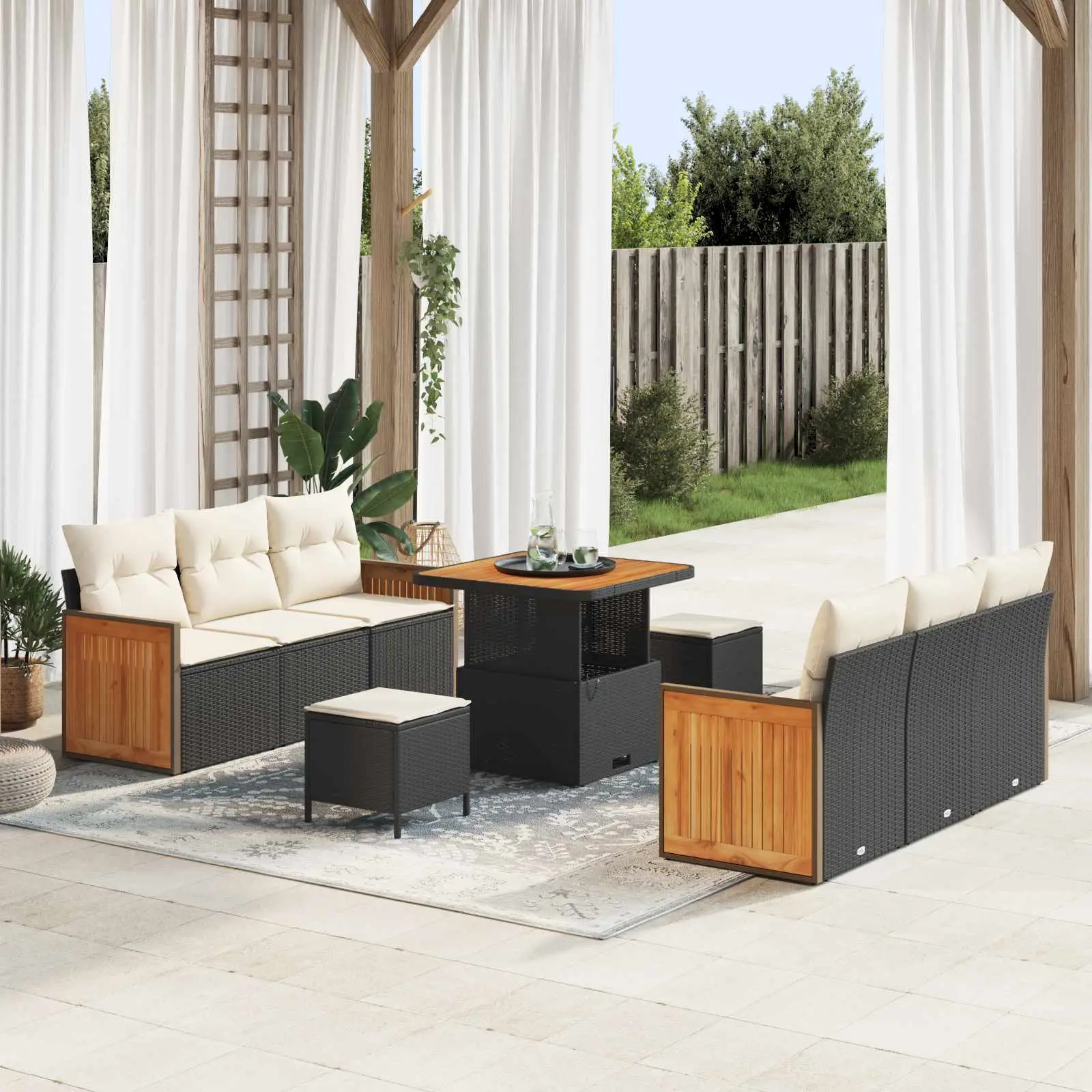 Ensemble de canapé de jardin avec coussin 9 pcs Noir et Crème vidaXL 3363125