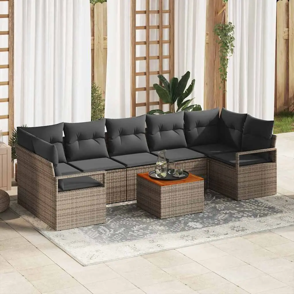 Ensemble de jardin 8 pièces en résine tressée avec coussins et table en bois Gris – ComfortXL Outdoor Living