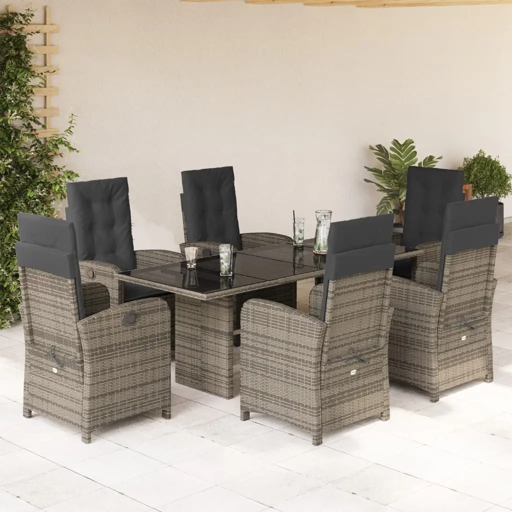 Ensemble de Jardin 7 Pièces Table Verre et 6 Chaises Inclinables en Résine Tressée Grise – ComfortXL Outdoor Living