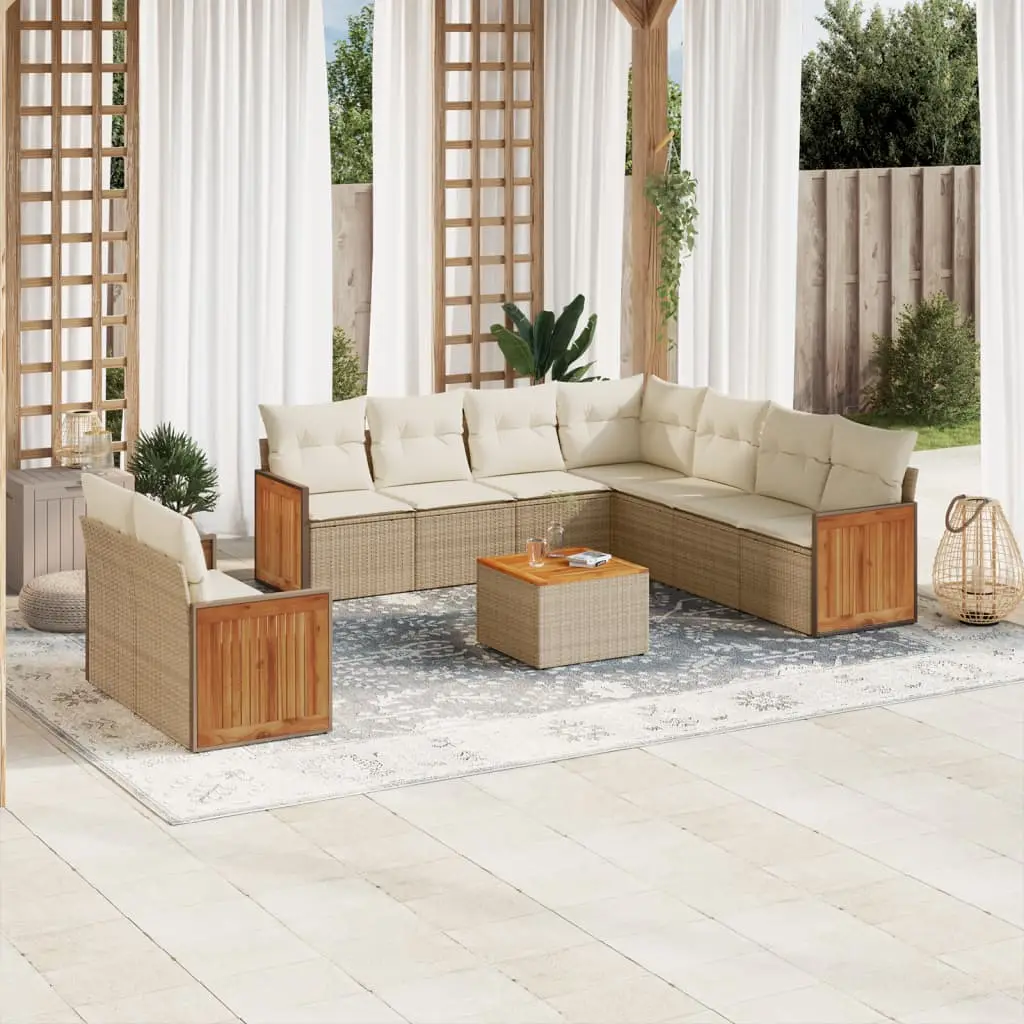 Ensemble canapés de jardin résine tressée modulable avec rangement et table acacia beige 9 places – ComfortXL Outdoor Living
