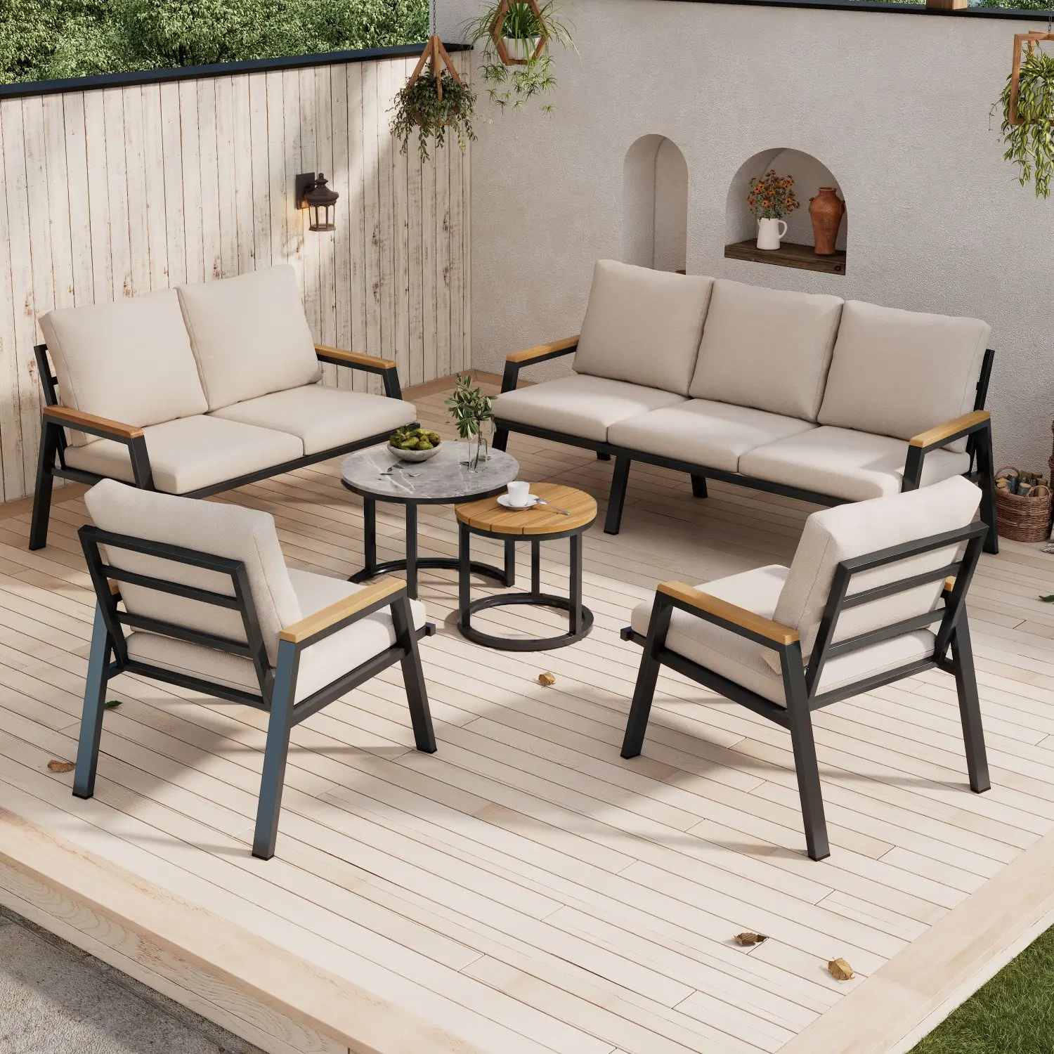 Ensemble de jardin de détente, avec plateau en verre au fini marbré et plateau en plastique imitation bois, structure en acier galvanisé, gris