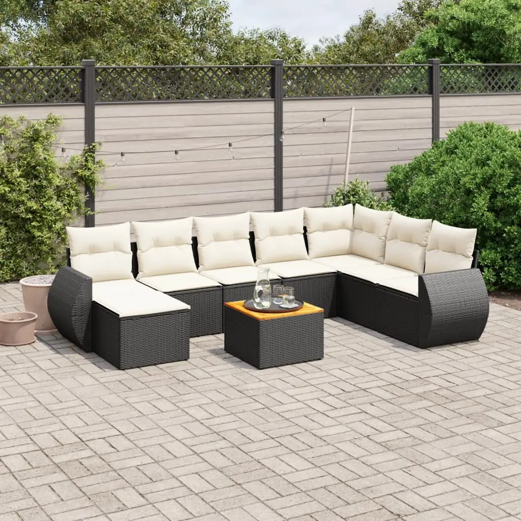 Ensemble Canapé de Jardin 9 Pièces Poly Rotin Table Bois Repose-pied Modulable Noir Coussins Crème – ComfortXL Outdoor Living