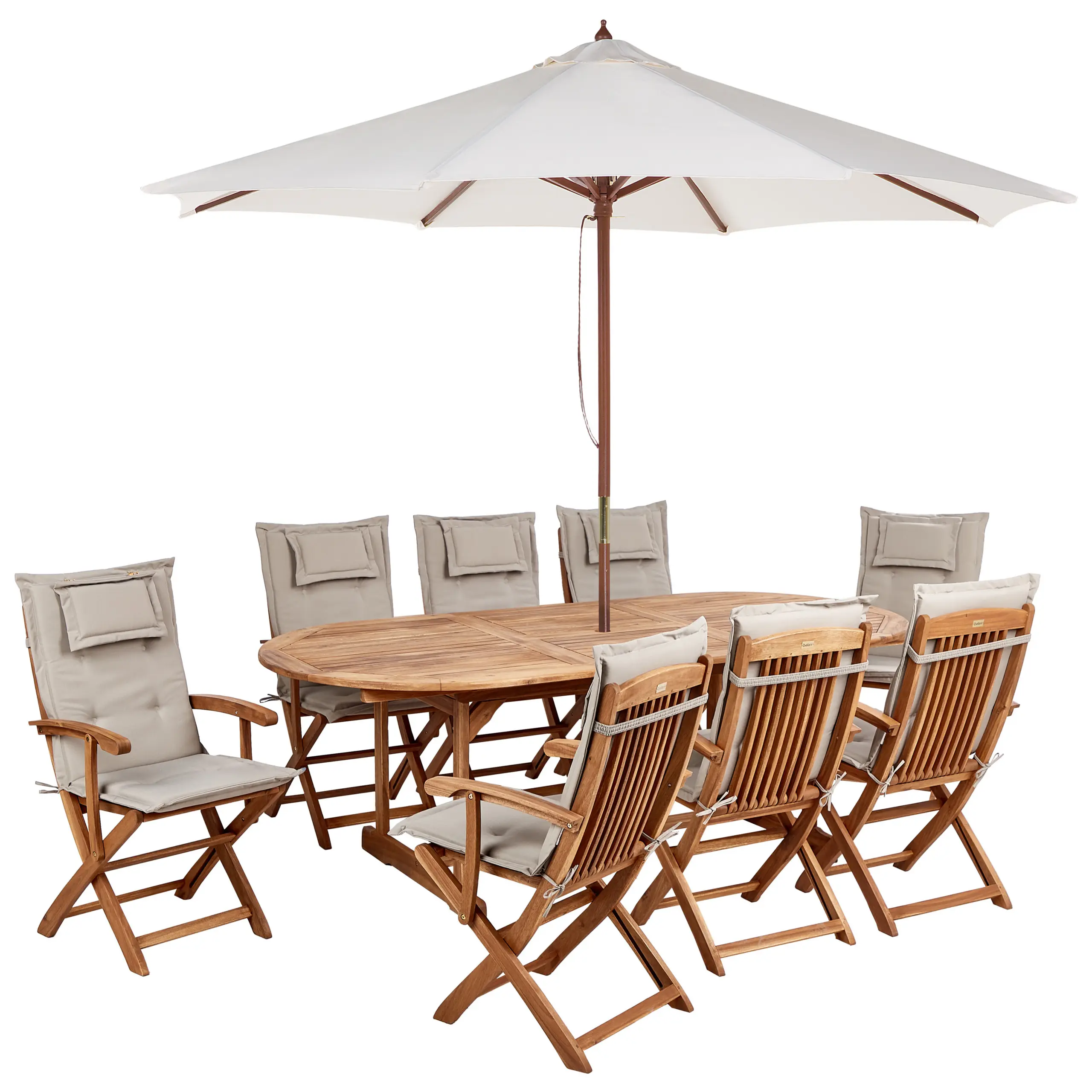 Ensemble de Jardin avec Coussins Taupe en Bois d’Acacia Table et Chaises et Parasol 8 Places Style Rustique