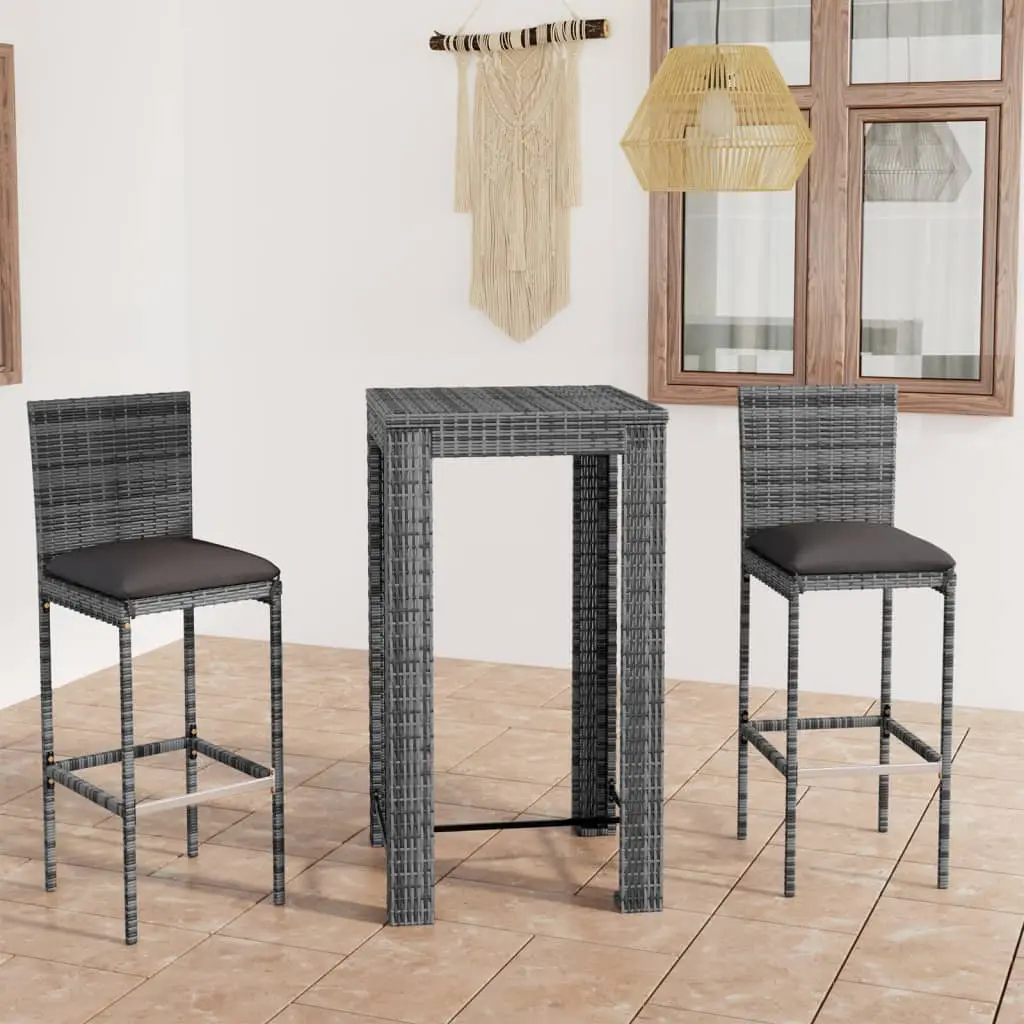 Ensemble de bar de jardin 3 pcs et coussins Résine tressée Gris vidaXL 3064793