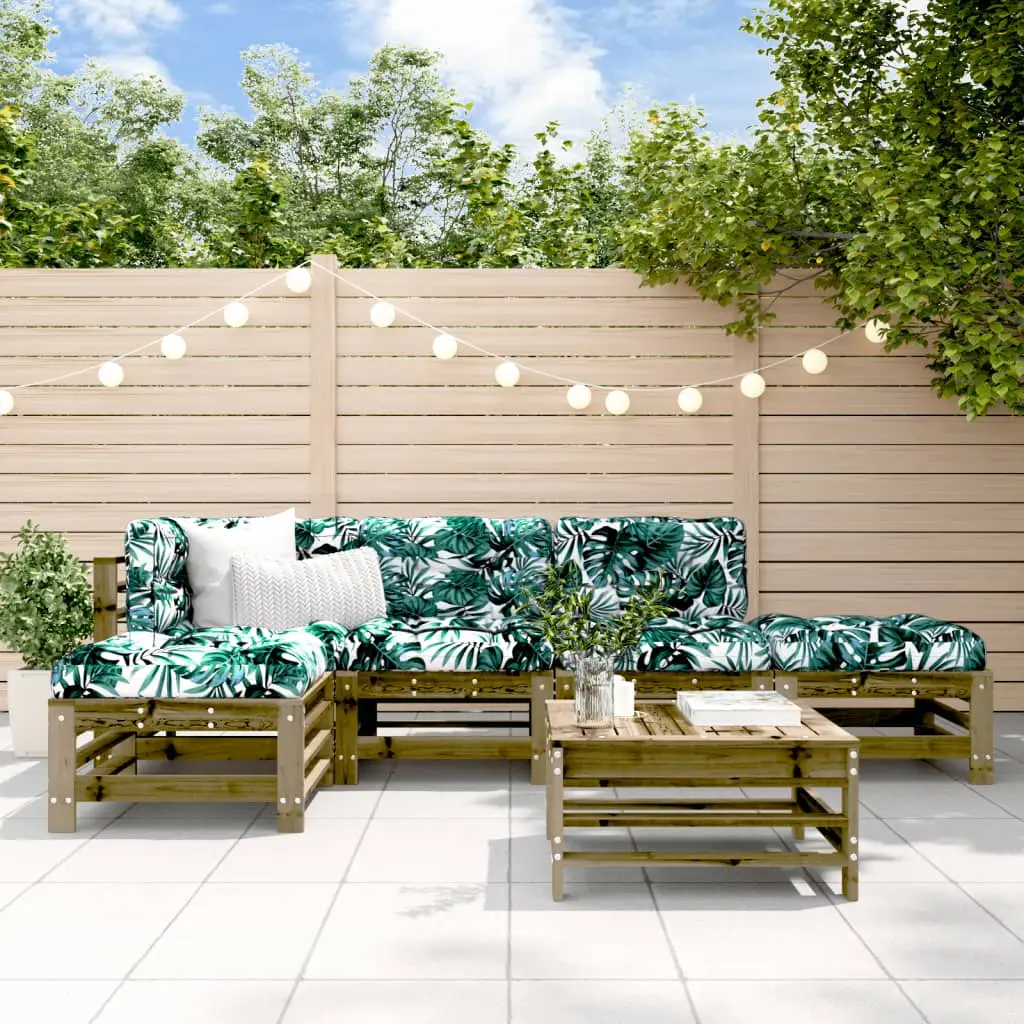 Ensemble de Jardin Modulable 6 Pièces en Bois de Pin Traité, Mobilier avec 3 Poufs et Coussins Motif Feuillage – ComfortXL Outdoor Living